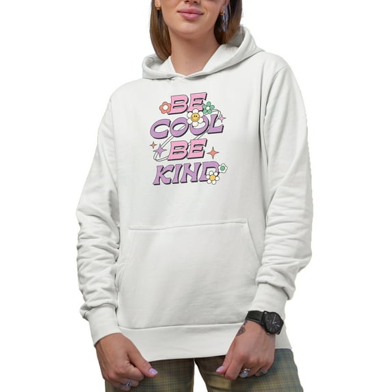 Distressed Be Cool, Be Kind Quote - Retro Art Merch Gift, White Hooded Sweatshirt or Hoodie, Medium