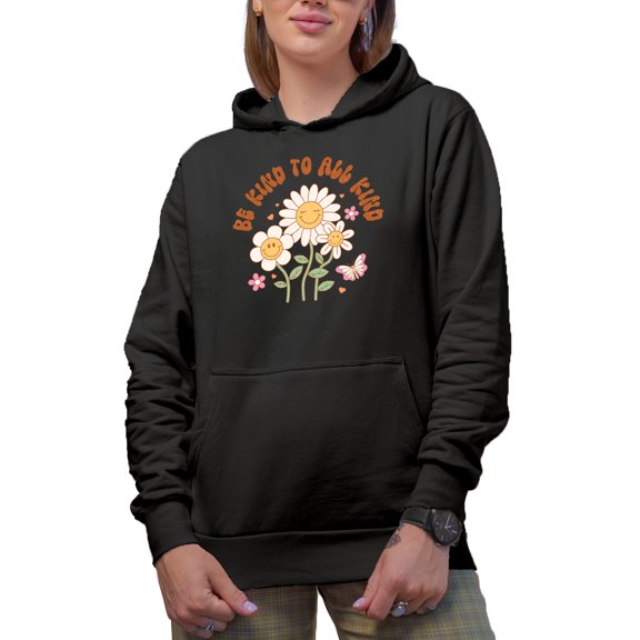 Distressed Be Kind to All Kind Quote & Retro Flowers Art Merch Gift, Black Hooded Sweatshirt or Hoodie, Small