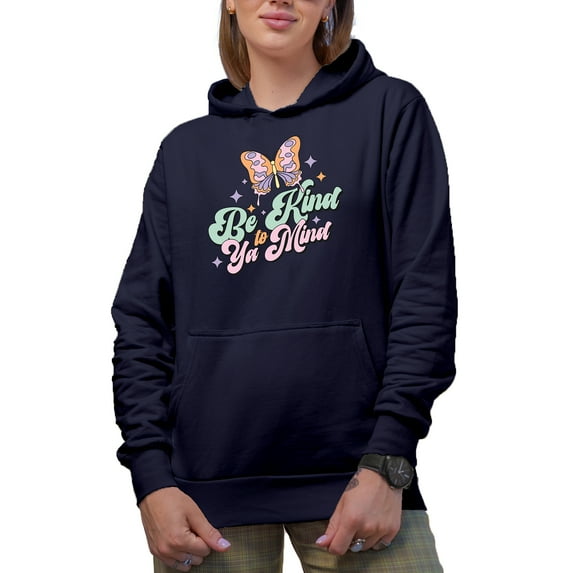 Be Kind to Ya Mind Quote & Butterfly, Mental Health Art Merch Gift, Navy Blue Hooded Sweatshirt or Hoodie, XL