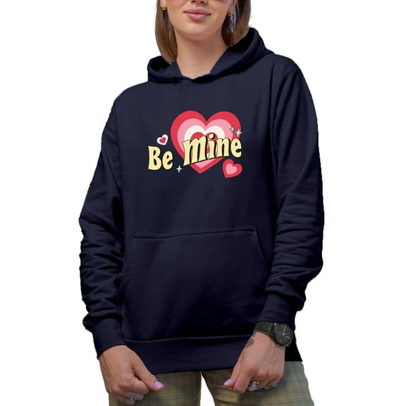 Distressed Be Mine, Retro Wavy Text & Heart Art, Valentine's Day Gift, Navy Blue Hooded Sweatshirt or Hoodie, XL