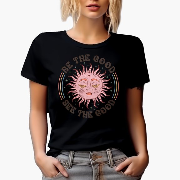 Distressed Be the Good, See the Good, Sun & Boho Art, Black T-Shirt, XL