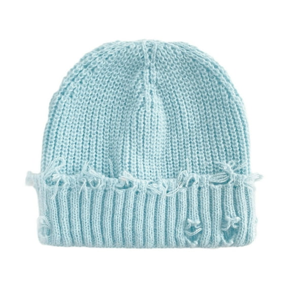 Distressed Beanie Hat for Men Women Chunky Soft Knitted Hats Fashion Warm Winter Beanies Unisex Sky Blue