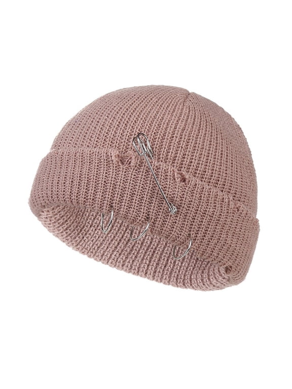 Distressed Beanie Hats for Men Women with Ring Hip-hop Ripped Knitted Hat Warm Fall Winter Trendy Vintage Hats Pink One Size