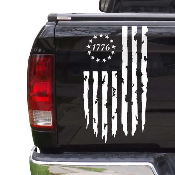 Distressed Betsy Ross Flag 1776 American USA US Flag Truck Tailgate Vinyl Decal fits Most Pickup Trucks EUA Flag Rear Graphic Bumper Sticker for Car SUV Van Windows (11" x 20", Matte White)