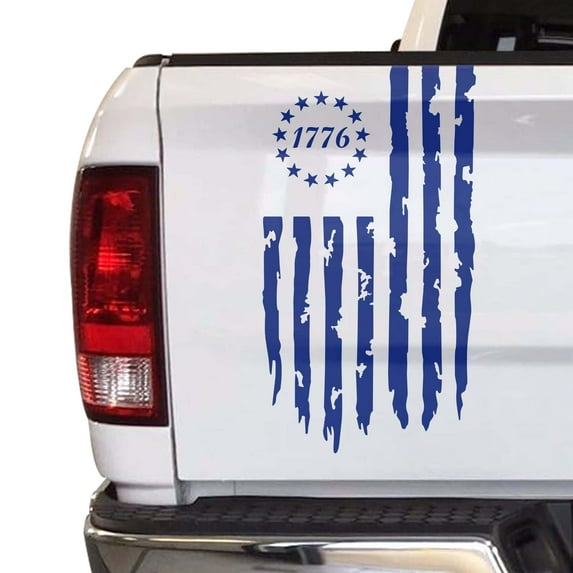 Distressed Betsy Ross Flag 1776 American USA US Flag Truck Tailgate Vinyl Decal fits Most Pickup Trucks EUA Flag Rear Graphic Bumper Sticker for Car SUV Van Windows (11" x 20", King Blue)
