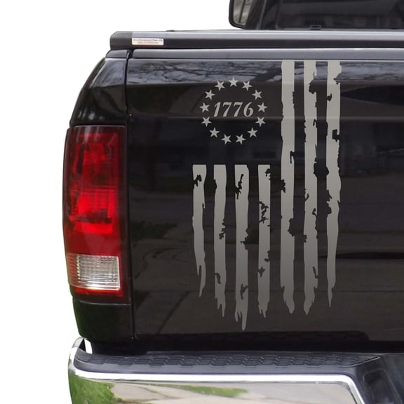 Distressed Betsy Ross Flag 1776 American USA US Flag Truck Tailgate Vinyl Decal fits Most Pickup Trucks EUA Flag Rear Graphic Bumper Sticker for Car SUV Van Windows (11" x 20", Silver Gray (Metallic))