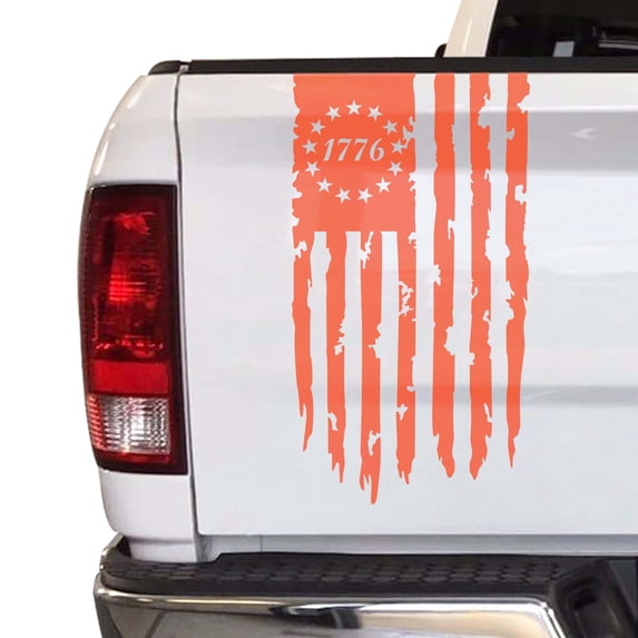 Distressed Betsy Ross Flag 1776 American USA US Flag Truck Tailgate Vinyl Decal fits Most Pickup Trucks EUA Flag Rear Graphic Bumper Sticker for Car Van SUV Windows (11" x 20", Coral)