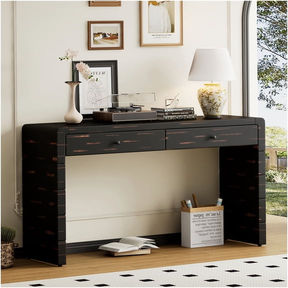 Distressed Black Curved Console Table with 2 Drawers, Farmhouse Storage Hallway Table for Living Room Entryway