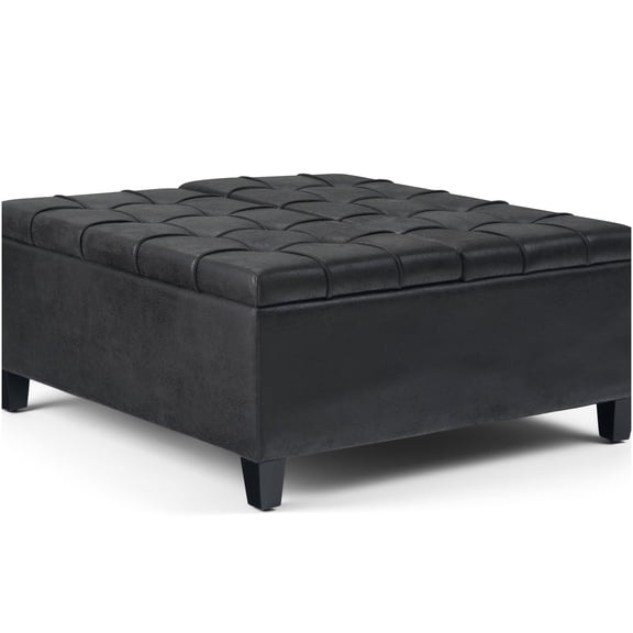 Distressed Black Faux Leather Ottoman Coffee Table with Storage and Tufted Design