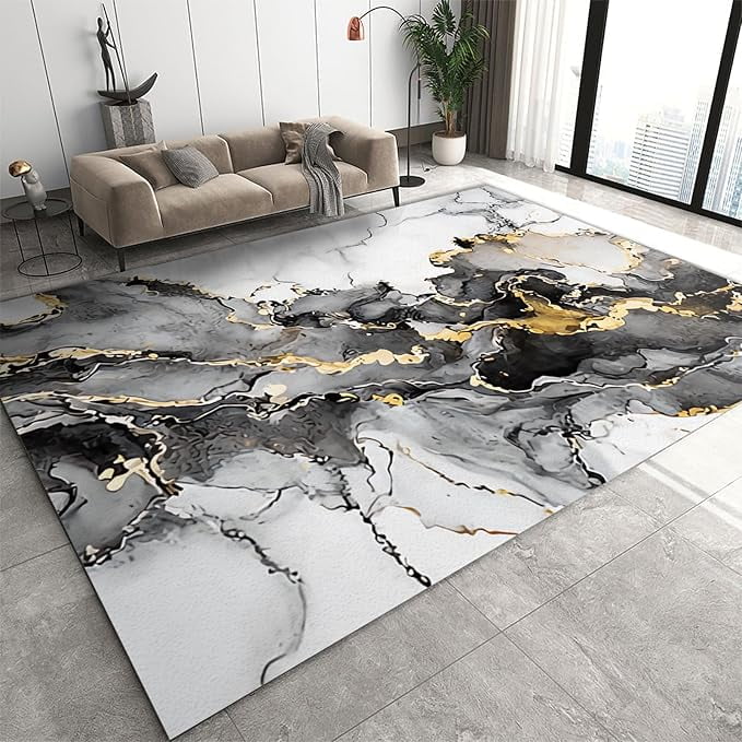 Distressed Black Grey Gold Marble Area Rug For Living Room, Modern ...