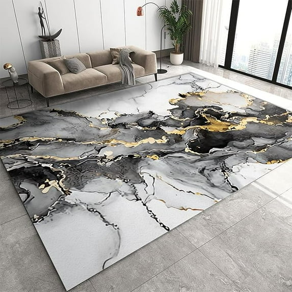 Distressed Black Grey Gold Marble Area Rug For Living Room, Modern Abstract Texture Rug For Entryway Bedroom Farmhouse Comfortable Standing Mat 5' x 7'