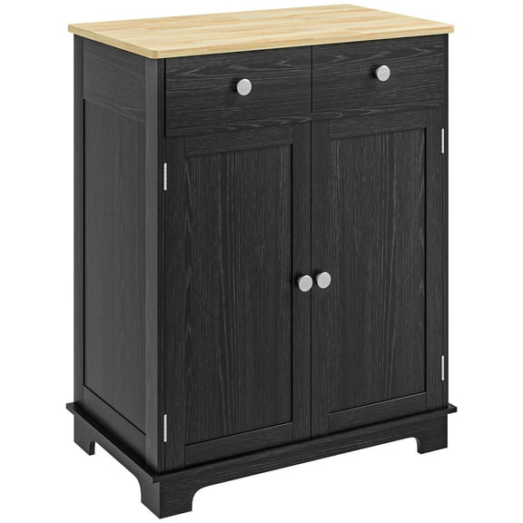 Distressed Black Kitchen Island Sideboard - Solid Wood Countertop, 2 Drawers, Doors, Adjustable Shelf For Storage