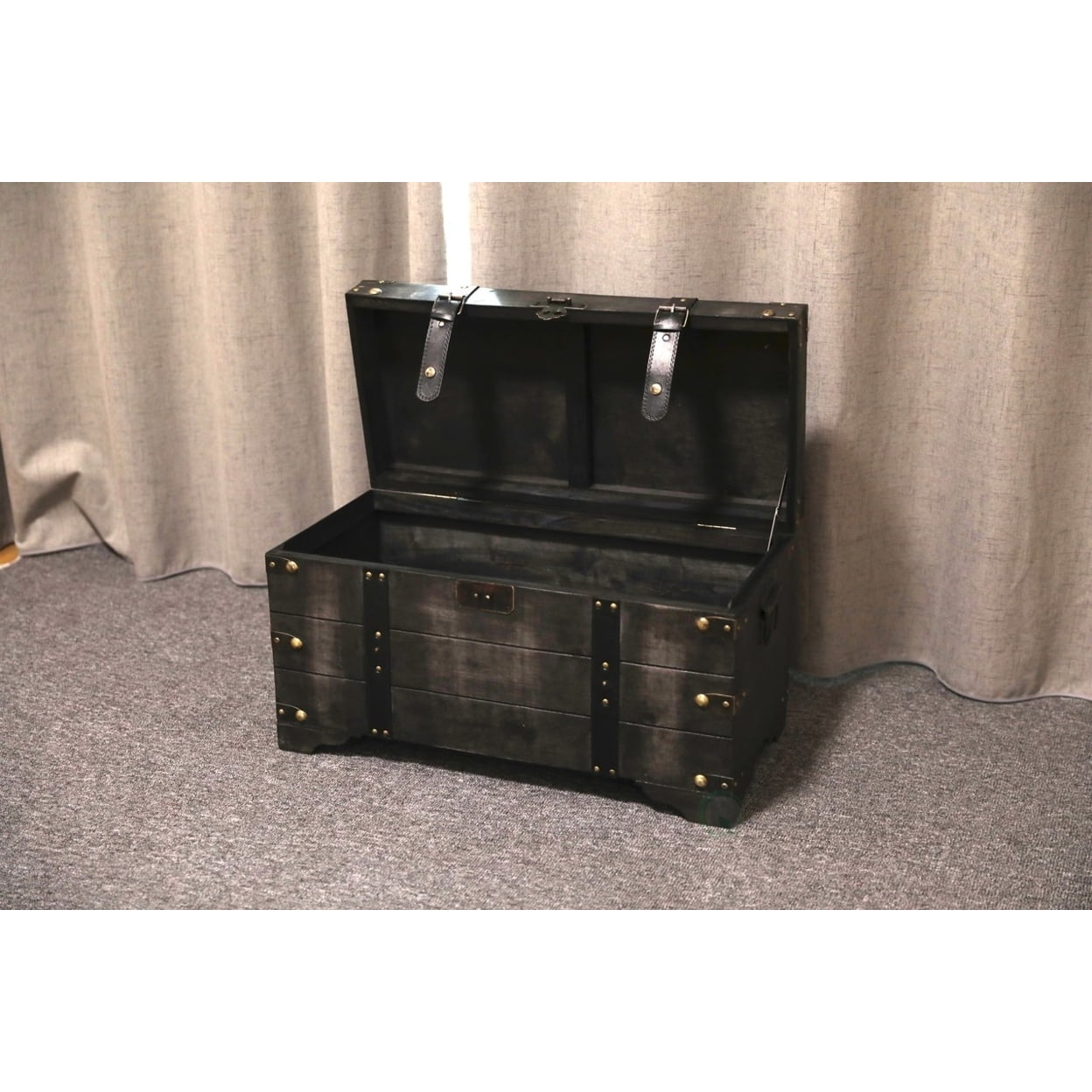 Distressed Black Medium Wooden Storage Trunk with Faux Leather Straps