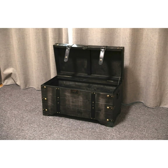 Distressed Black Medium Wooden Storage Trunk