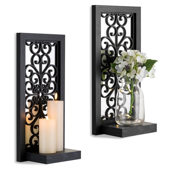 Distressed Black Scroll Pattern Wood Candle Holder Set of Two, Wall Mounted Decorative Shelves for Farmhouse Home Decor