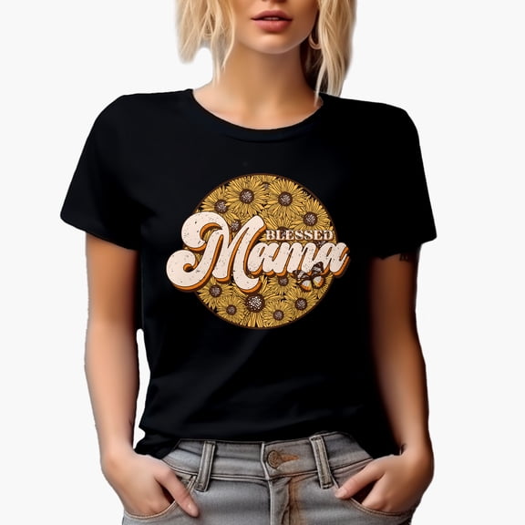 Distressed Blessed Mama with Sunflowers Art, Mother's Day Merch Gift, Black T-Shirt, Small