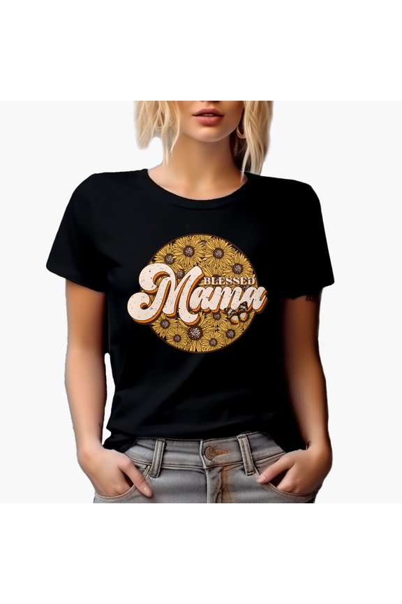 Distressed Blessed Mama with Sunflowers Art, Mother's Day Merch Gift, Black T-Shirt, Small