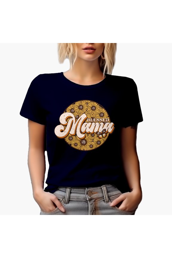 Distressed Blessed Mama with Sunflowers Art, Mother's Day Merch Gift, Navy Blue T-Shirt, Medium