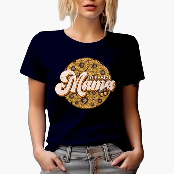 Distressed Blessed Mama with Sunflowers Art, Mother's Day Merch Gift, Navy Blue T-Shirt, Small