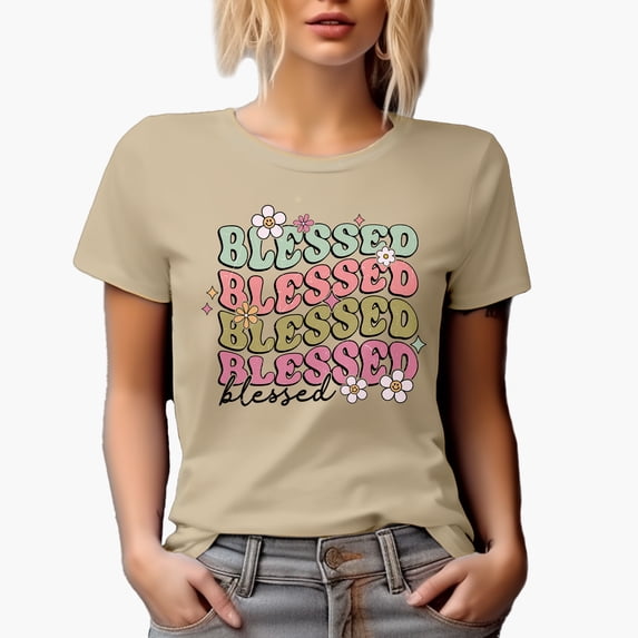 Distressed Blessed - Retro Groovy Wavy Text Art Merch Gift, Tan T-Shirt, XL