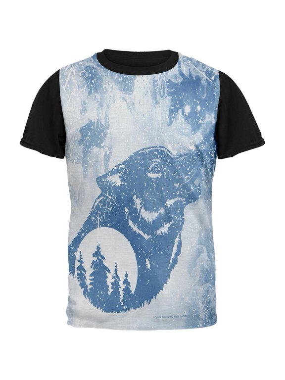 Distressed Blue Howling Wolf Silhouette All Over Mens Black Back T Shirt Multi SM