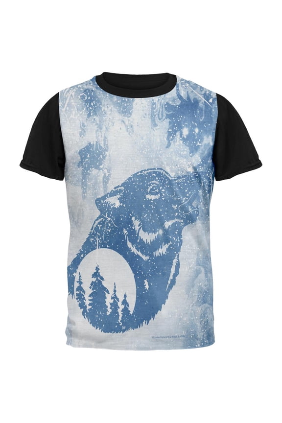 Distressed Blue Howling Wolf Silhouette All Over Mens Black Back T Shirt Multi SM