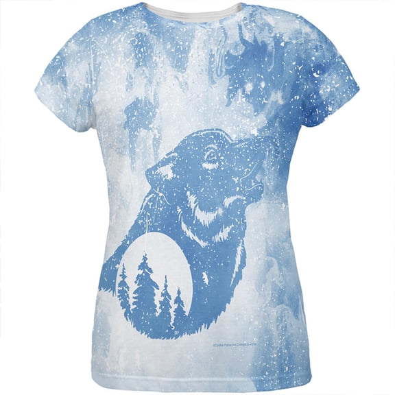 Distressed Blue Howling Wolf Silhouette All Over Womens T Shirt Multi MD