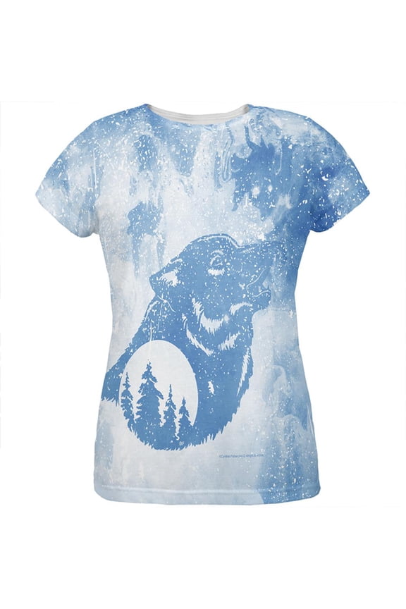 Distressed Blue Howling Wolf Silhouette All Over Womens T Shirt Multi SM