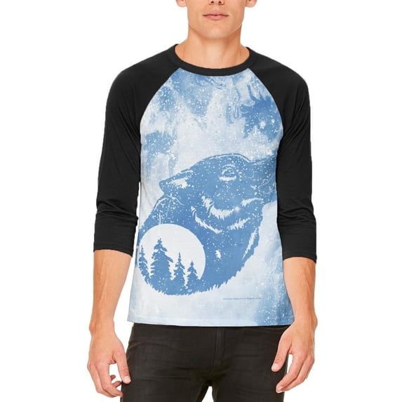 Distressed Blue Howling Wolf Silhouette Mens Raglan T Shirt