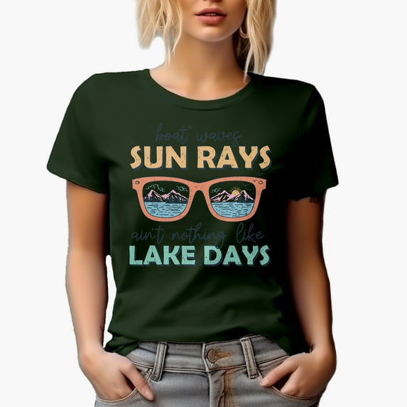 Distressed Boat Waves, Sun Rays, Ain't Nothing Like Lake Days & Sunglasses Art Merch Gift, Military Green T-Shirt, Medium