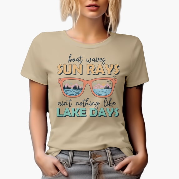Distressed Boat Waves, Sun Rays, Ain't Nothing Like Lake Days - Sunglasses Art Merch Gift, Tan T-Shirt, Medium