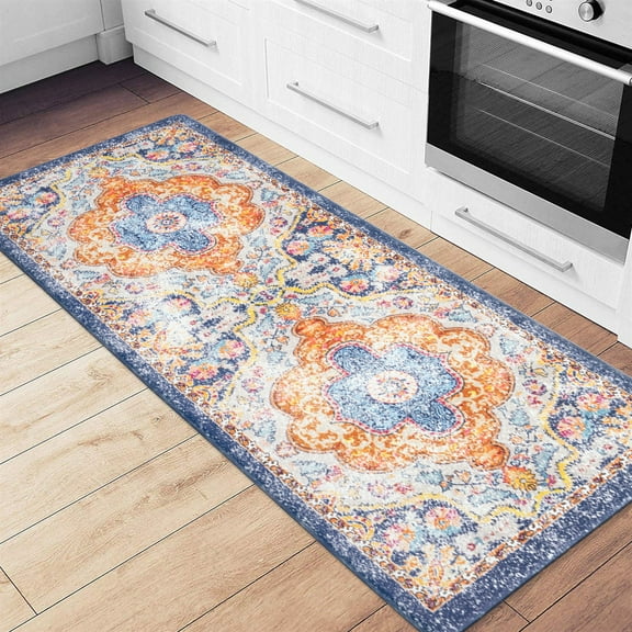 World Rug Gallery Distressed Bohemian Vintage Anti Fatigue Kitchen, Laundry Room, Comfort Indoor Mat, Door Mat - Multi 18"x47"