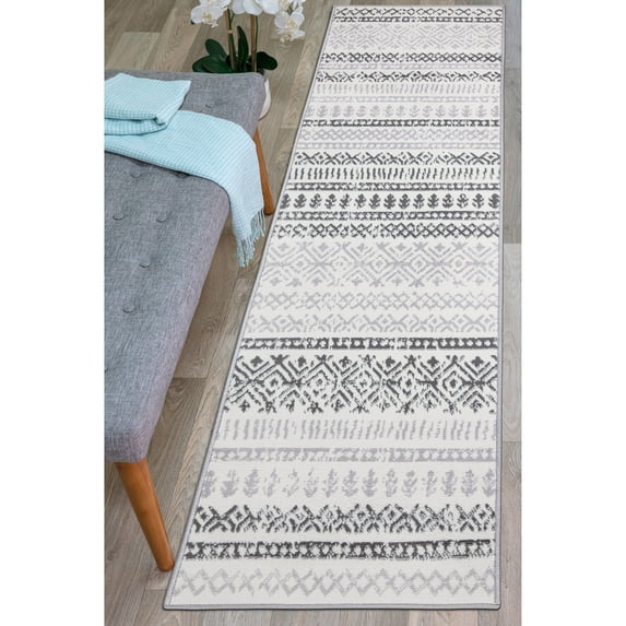 Distressed Boho Geometric Modern 2'x7' Gray Runner Rug