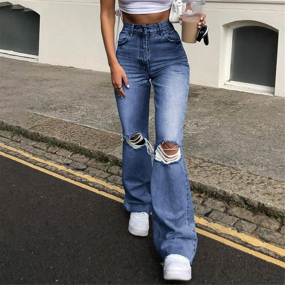 Distressed Boyfriend Jeans For Women Fashion Trends High Waist Loose Straight Leg Destroyed Ripped Denim Pants Dark Blue L