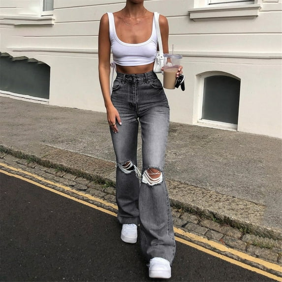 Distressed Boyfriend Jeans For Women Fashion Trends High Waist Loose Straight Leg Destroyed Ripped Denim Pants Gray L