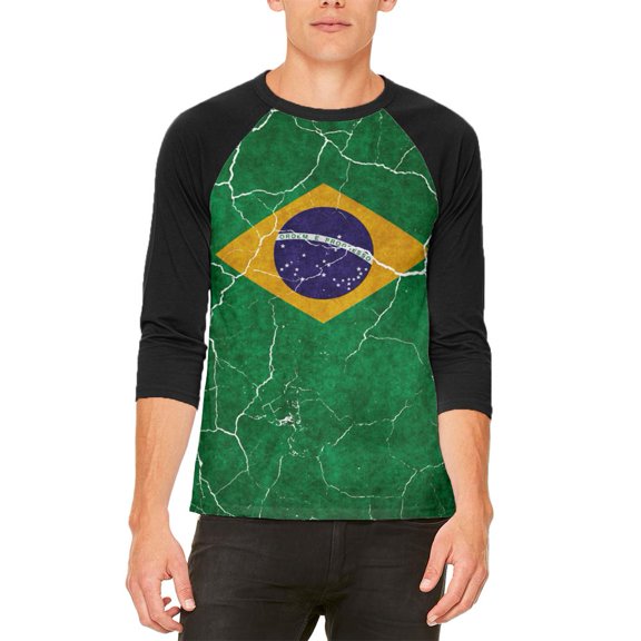 Distressed Brazilian Flag Mens Raglan T Shirt White-Black X-LG