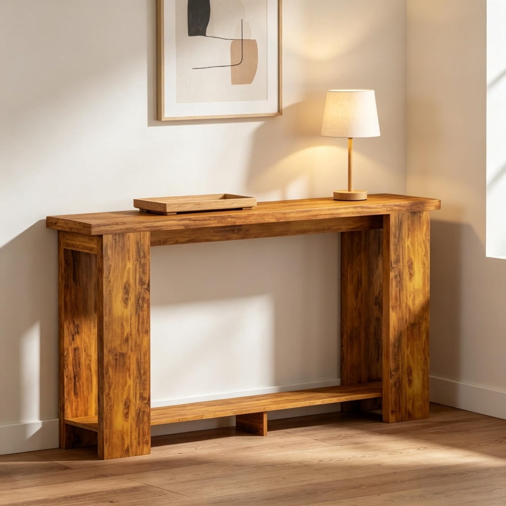 Distressed Brown Console Table, 63" Long Narrow Sofa Table with Open Shelf, Anti-Tip Strap, Heavy-Duty MDF Tabletop for Small Spaces (Living Room/Hallway)