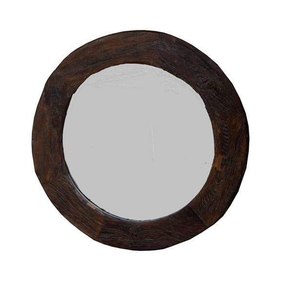 Distressed Brown Decorative Round Mirror | Farmhouse Style Wall Hanging Mirror | Solid Wood Entryway Living Room Mirror