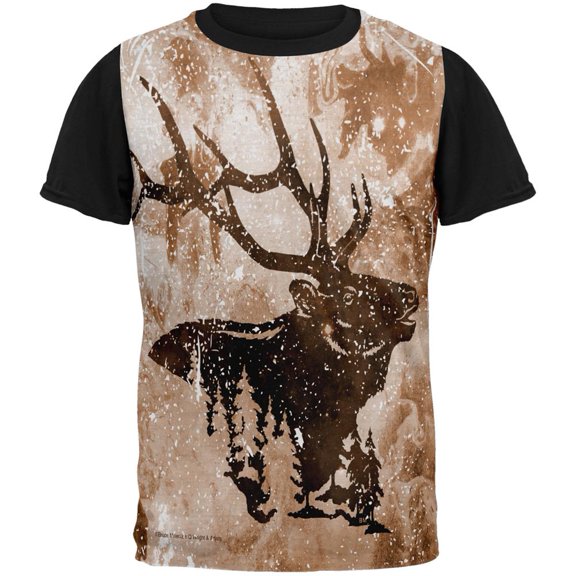 Distressed Brown Elk Silhouette All Over Mens Black Back T Shirt