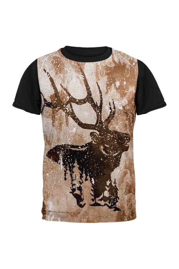 Distressed Brown Elk Silhouette All Over Mens Black Back T Shirt