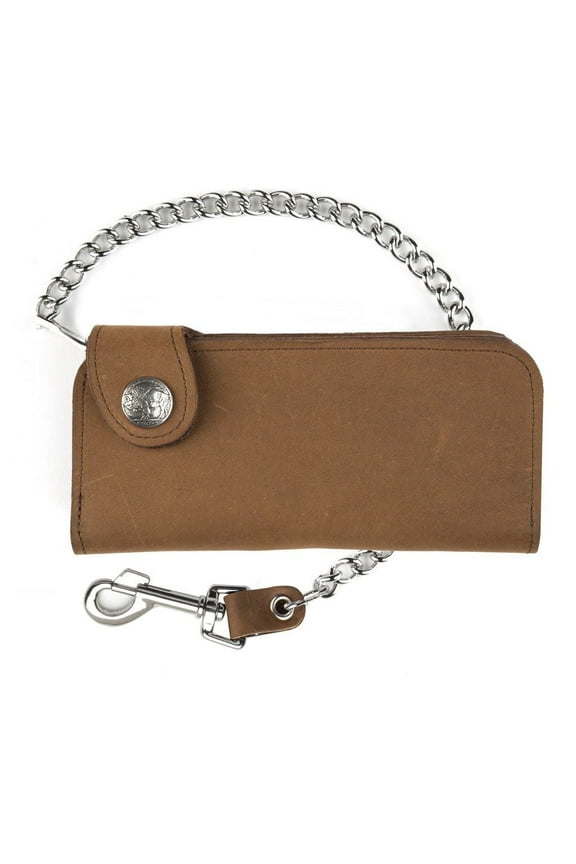 Distressed Brown Leather Chain Wallet, Side Snap 7'' USA Made