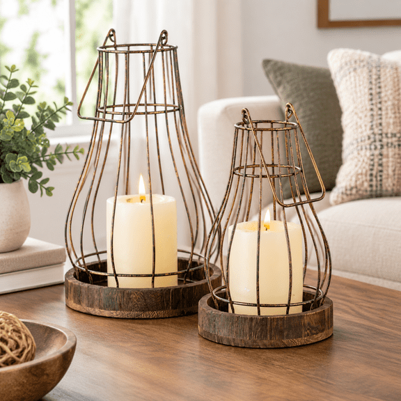 Distressed Brown Rustic Farmhouse Decor Candle Lantern Set of 2