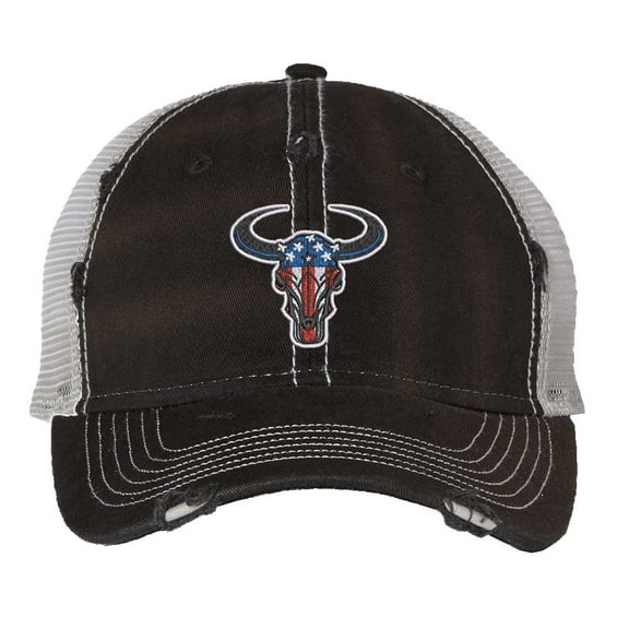 Bull Head Trucker Cap – Distressed Hat with American Flag Design (Black)