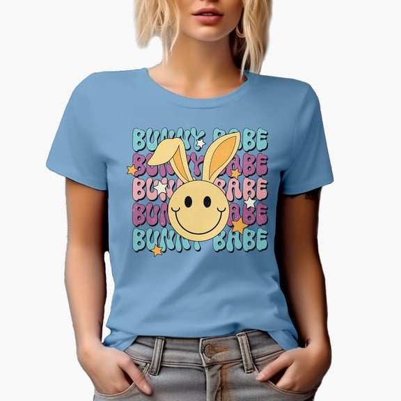 Distressed Bunny Babe - Retro Easter Sunday Rabbit Art Favor, Souvenir or Merch Gift, Baby Blue T-Shirt, Large