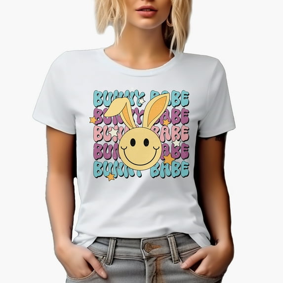 Distressed Bunny Babe - Retro Easter Sunday Rabbit Art Favor, Souvenir or Merch Gift, White T-Shirt, Large
