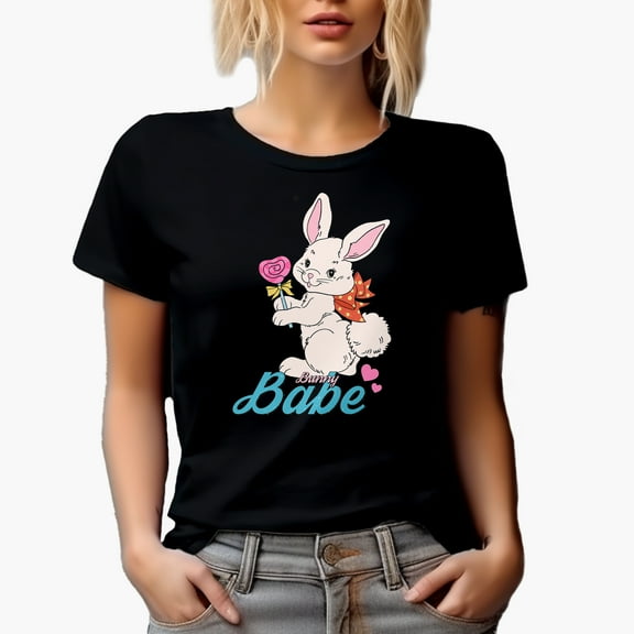 Distressed Bunny Babe, Spring or Easter Day Gift, Black T-Shirt, Small