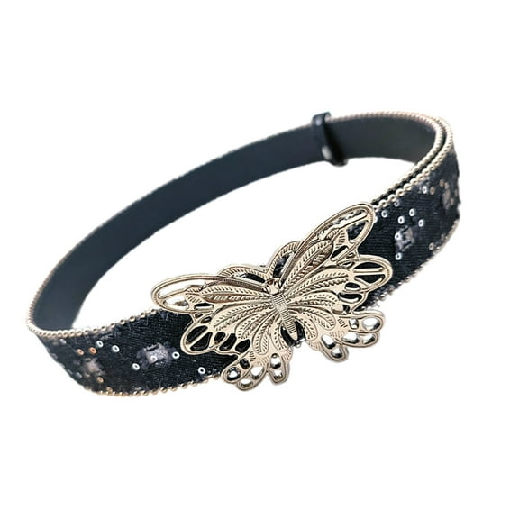 Distressed Butterfly Buckle Belt for Adult Fashion Bead Trim Sequined Waistband Jeans Belt Teens Girl Waist Accessories