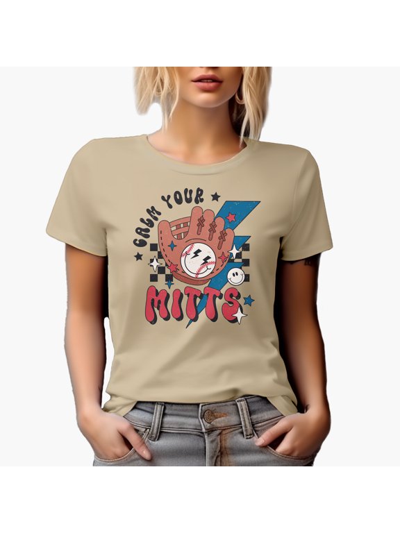 Distressed Calm Your Mitts Pun - Retro Baseball Gloves Art Merch Gift, Tan T-Shirt, Small
