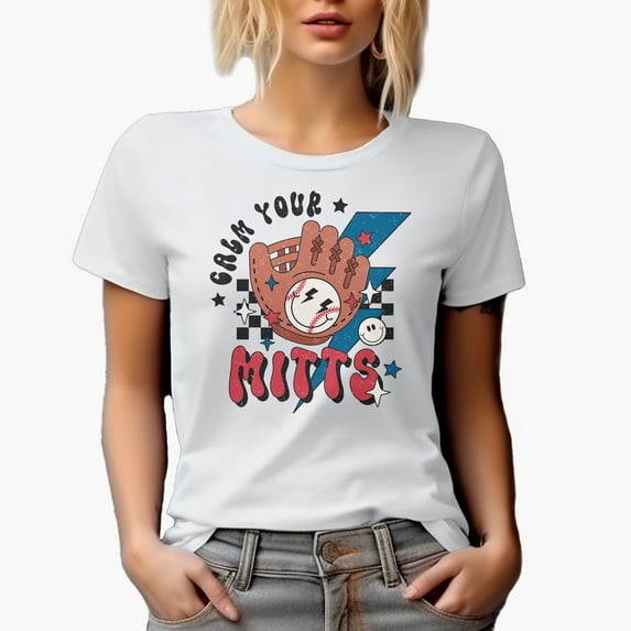 Distressed Calm Your Mitts Pun - Retro Baseball Gloves Art Merch Gift, White T-Shirt, Large