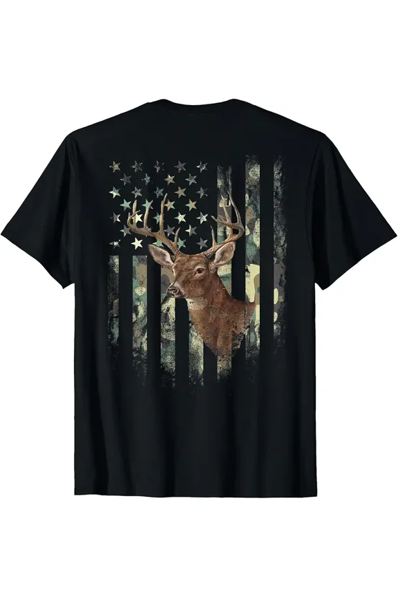 Distressed Camo American Flag Whitetail Deer Men Outdoor Graphic T-Shirt